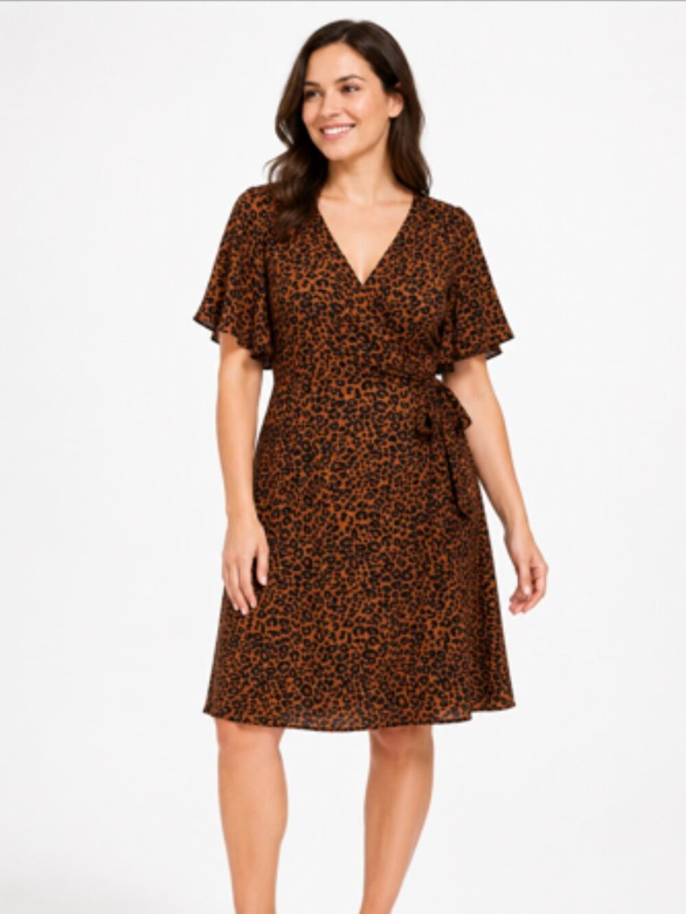 Time and Tru Leopard Flutter Sleeve Wrap Dress Brown Black XXL